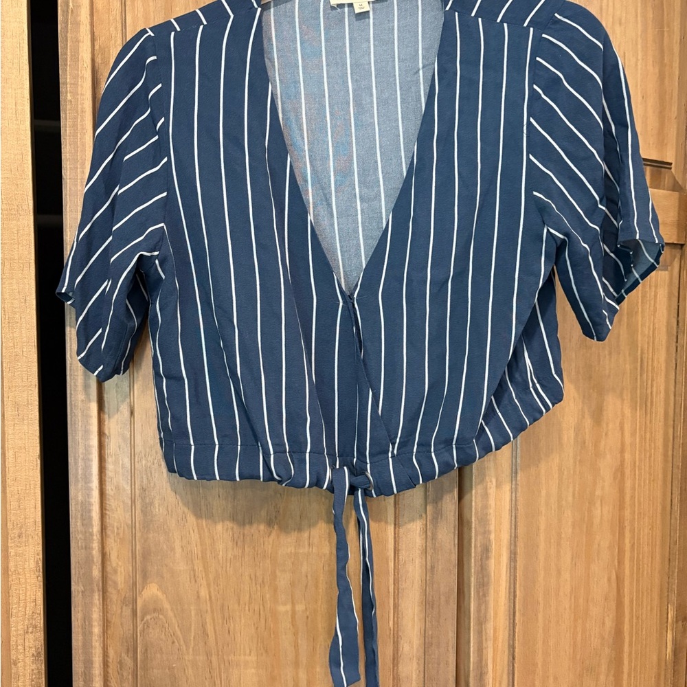 La Hearts Navy and White Striped Tie-Front Blouse